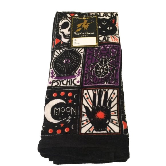 Halloween Black Cat PSYCHIC Palm Moon Spider Kitchen Towel Set - Picture 1 of 3